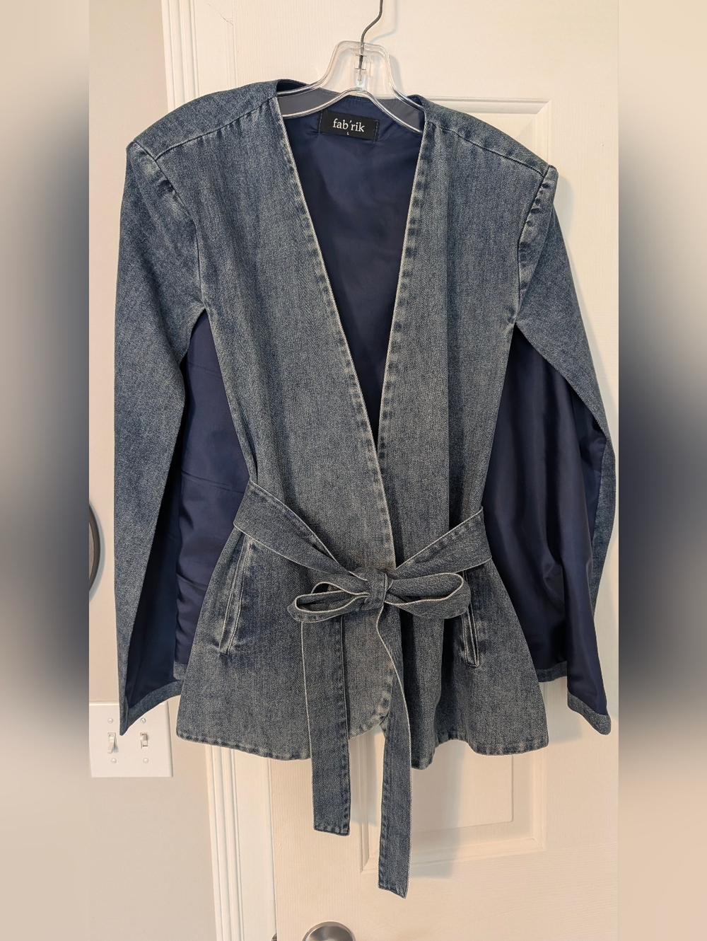 fab'rik Washed Blue Tie-Waist Cape Denim Jacket with Navy Lining